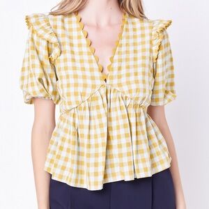 English Factory Mustard Checkered Ruffle Blouse